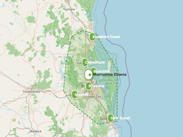 Urban Pest service coverage map &mdash; Sunshine Coast to Gold Coast, Ipswich to the bay